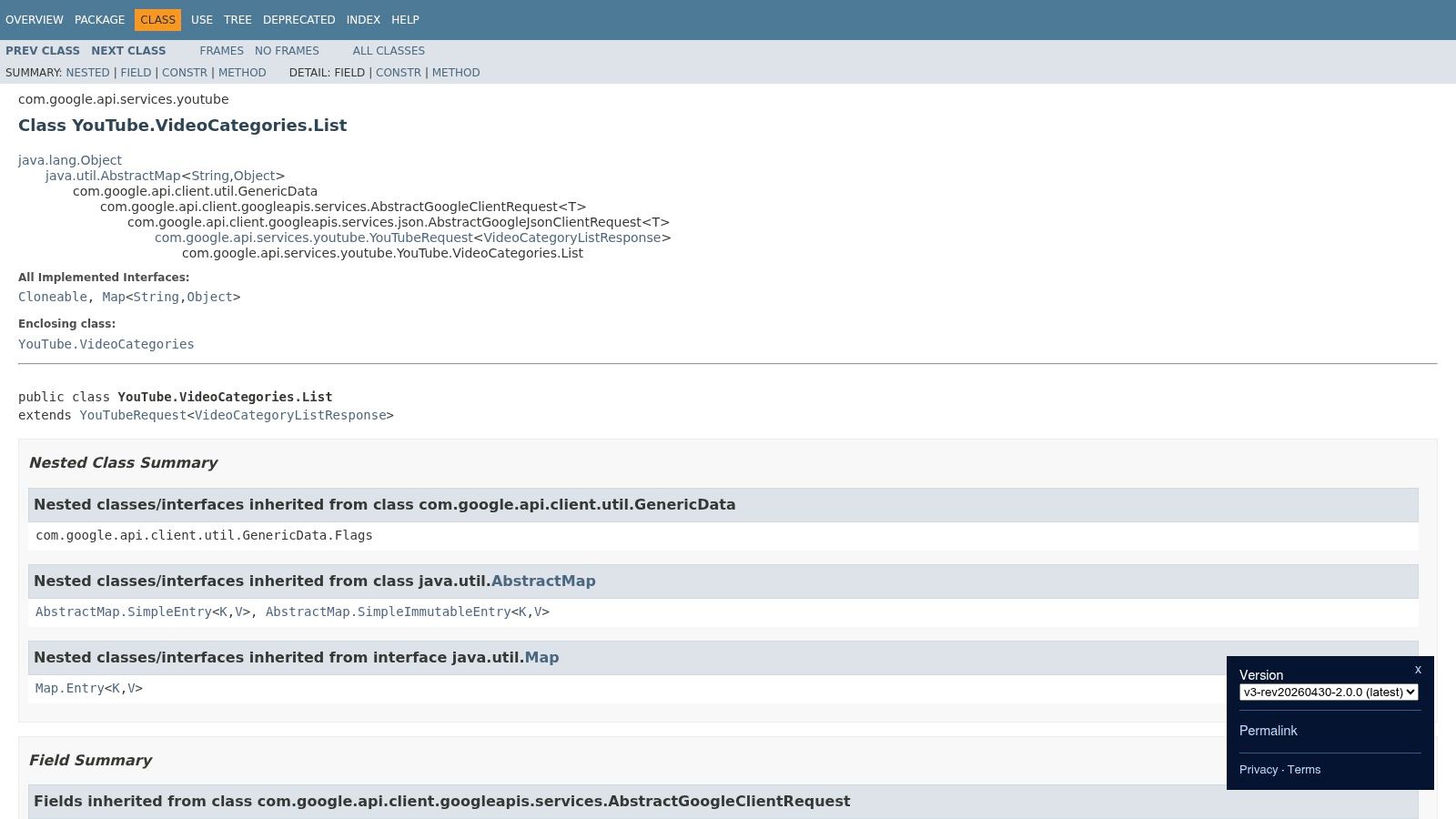 googleapis.dev, YouTube Java client: YouTube.VideoCategories.List (Official library reference)