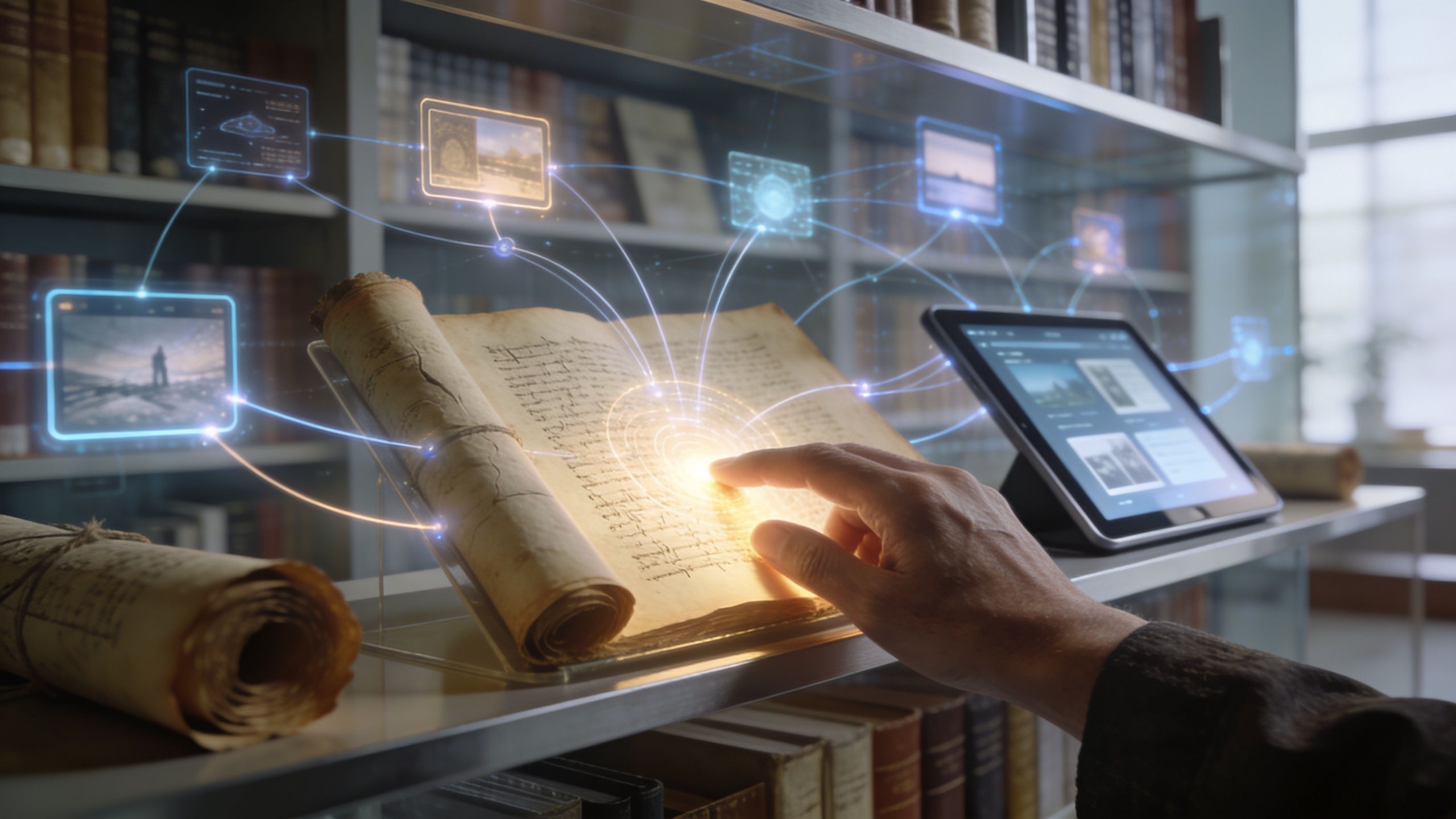 A hand interacts with an ancient book using digital holographic displays to access linked information in a library.