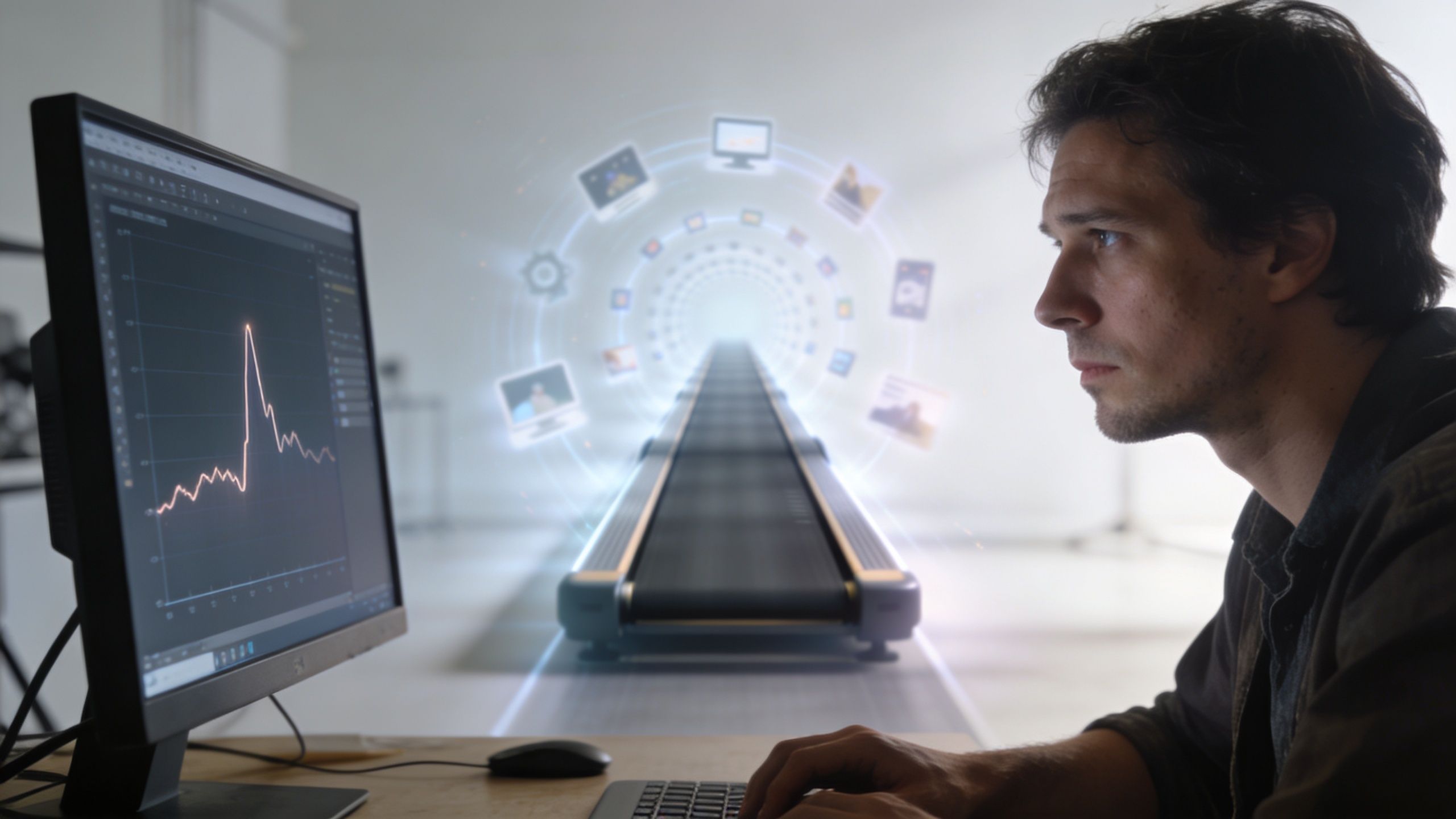 A man working on a computer while a treadmill digital interface hovers in the background.