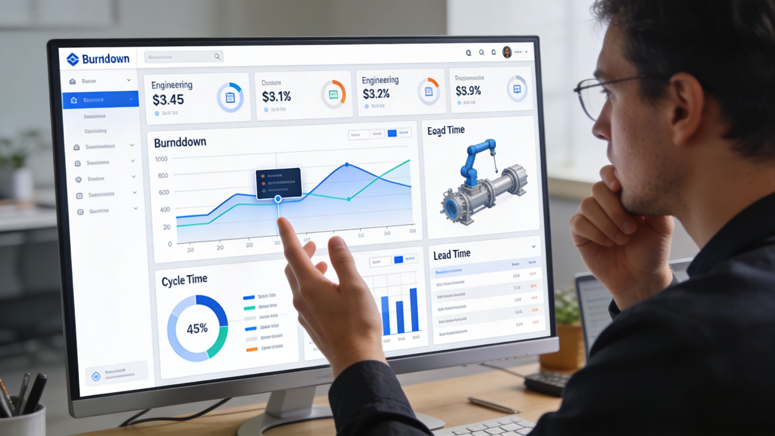 A professional analyzing a software project management burndown dashboard on a large computer monitor in an office.