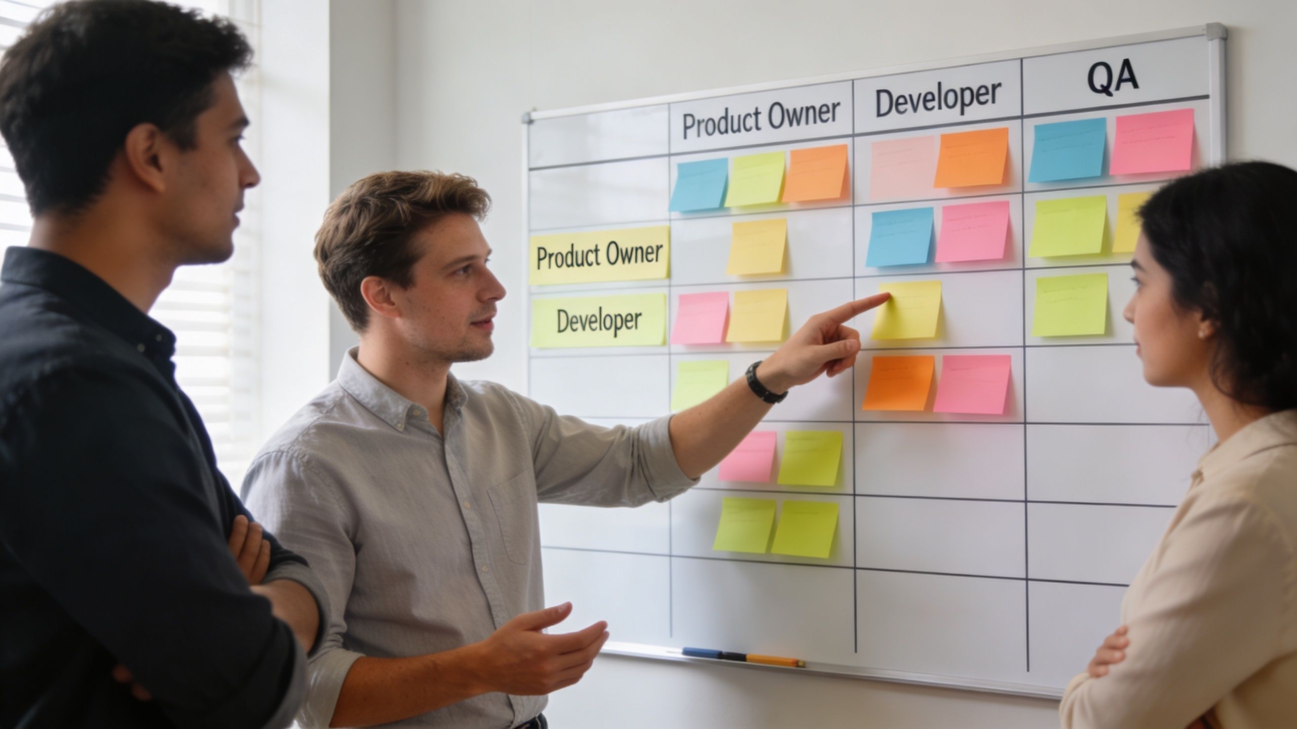 Three professionals collaborating on project planning using a whiteboard with colorful sticky notes in an office.