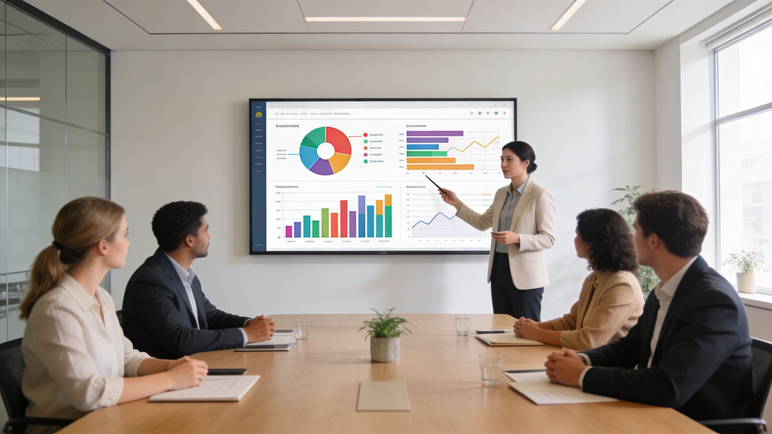 A professional woman presenting data charts on a large digital screen to her business colleagues in a boardroom.
