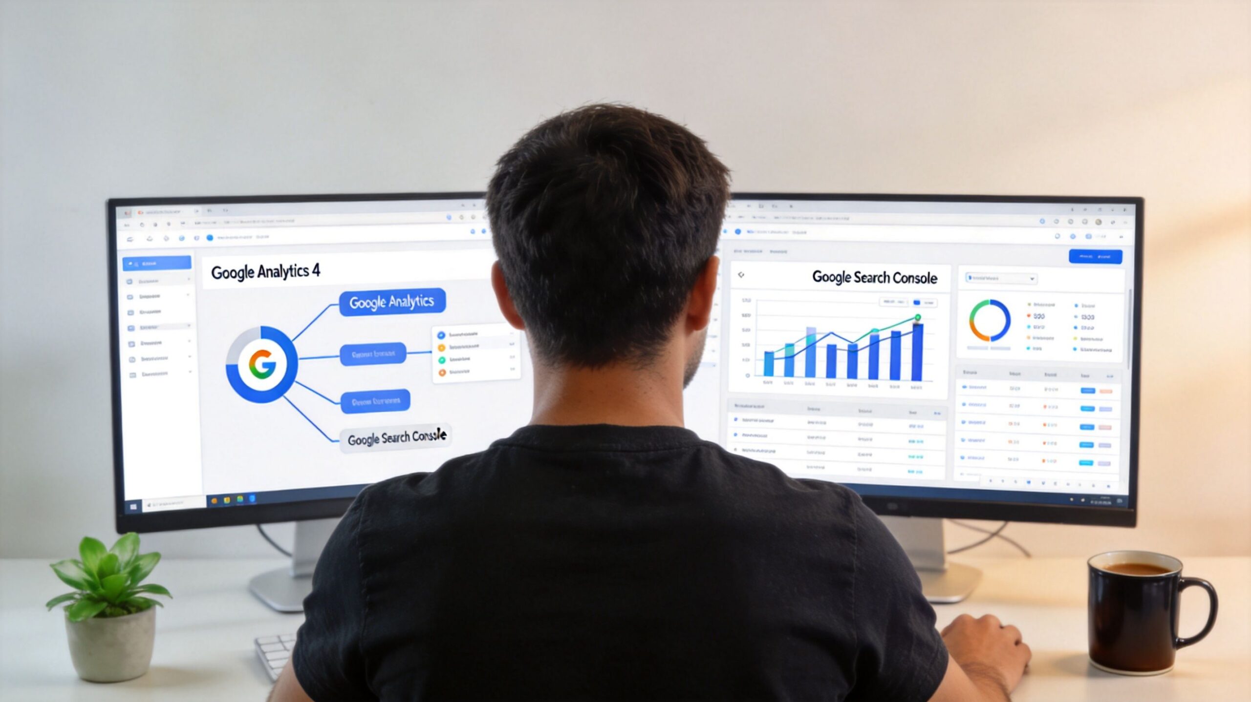 A person sitting at a desk viewing Google Analytics and Search Console data on two computer monitors.