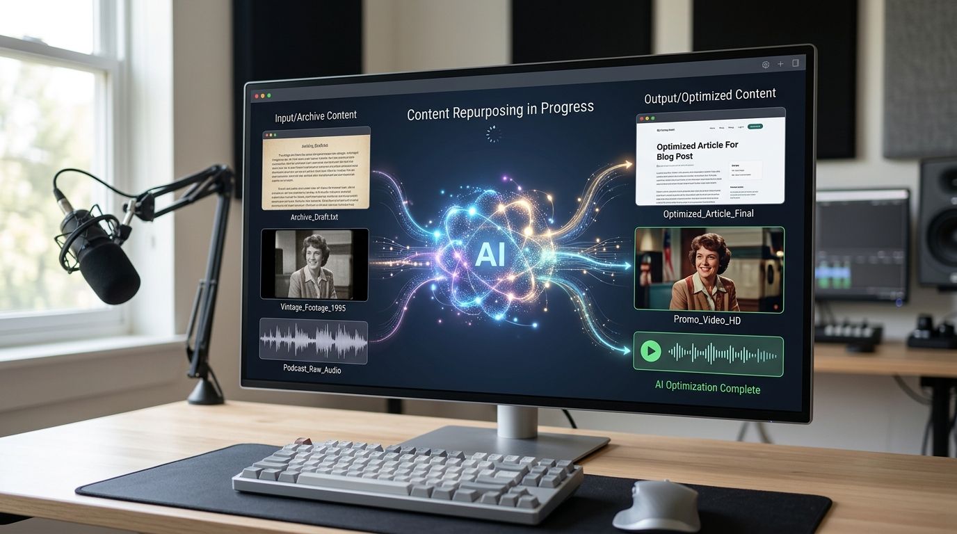 A computer monitor displaying an AI content repurposing workflow with input media and optimized digital output files.