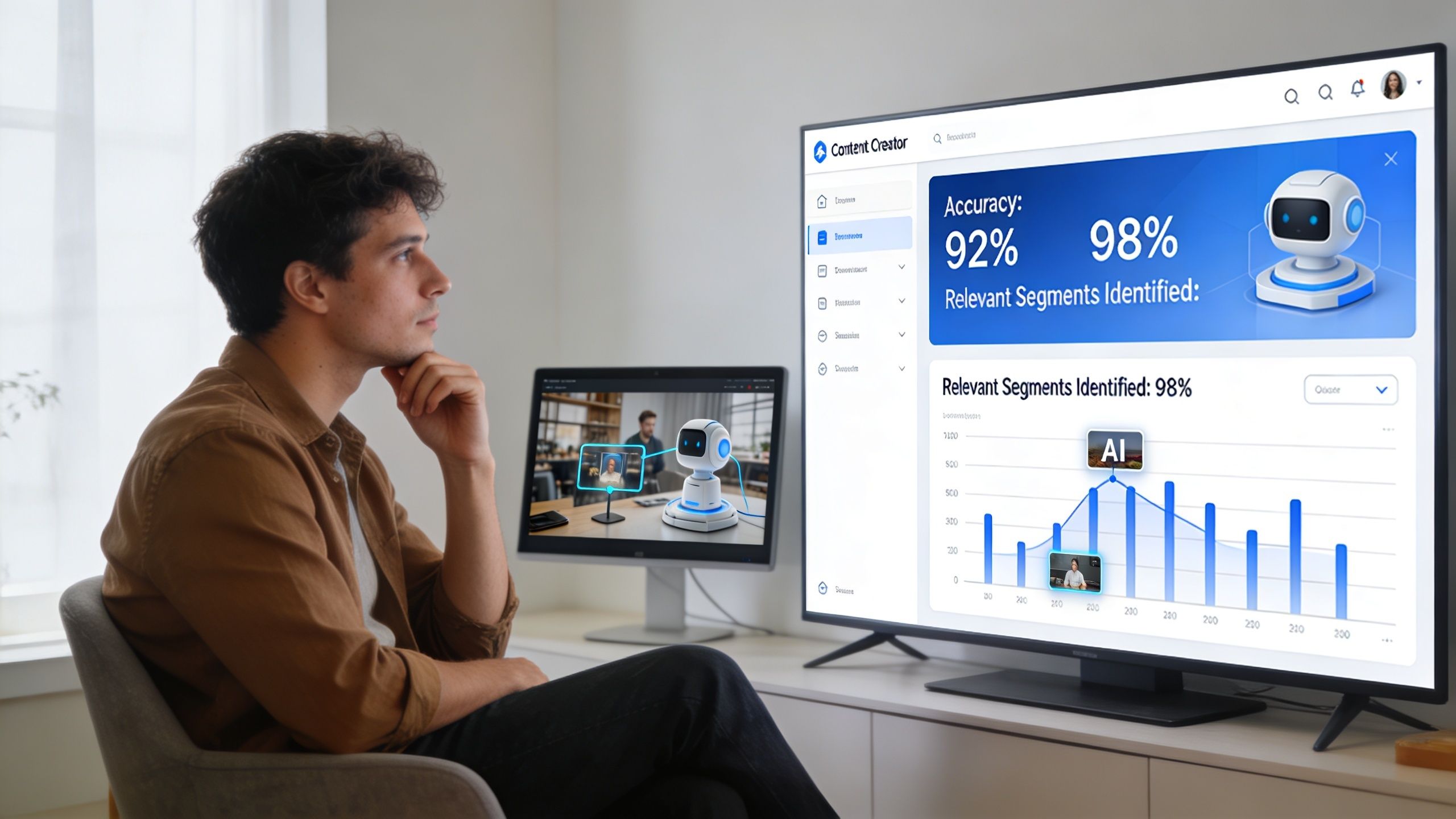 A man sitting in a home office watching a computer screen displaying AI video content analysis software.