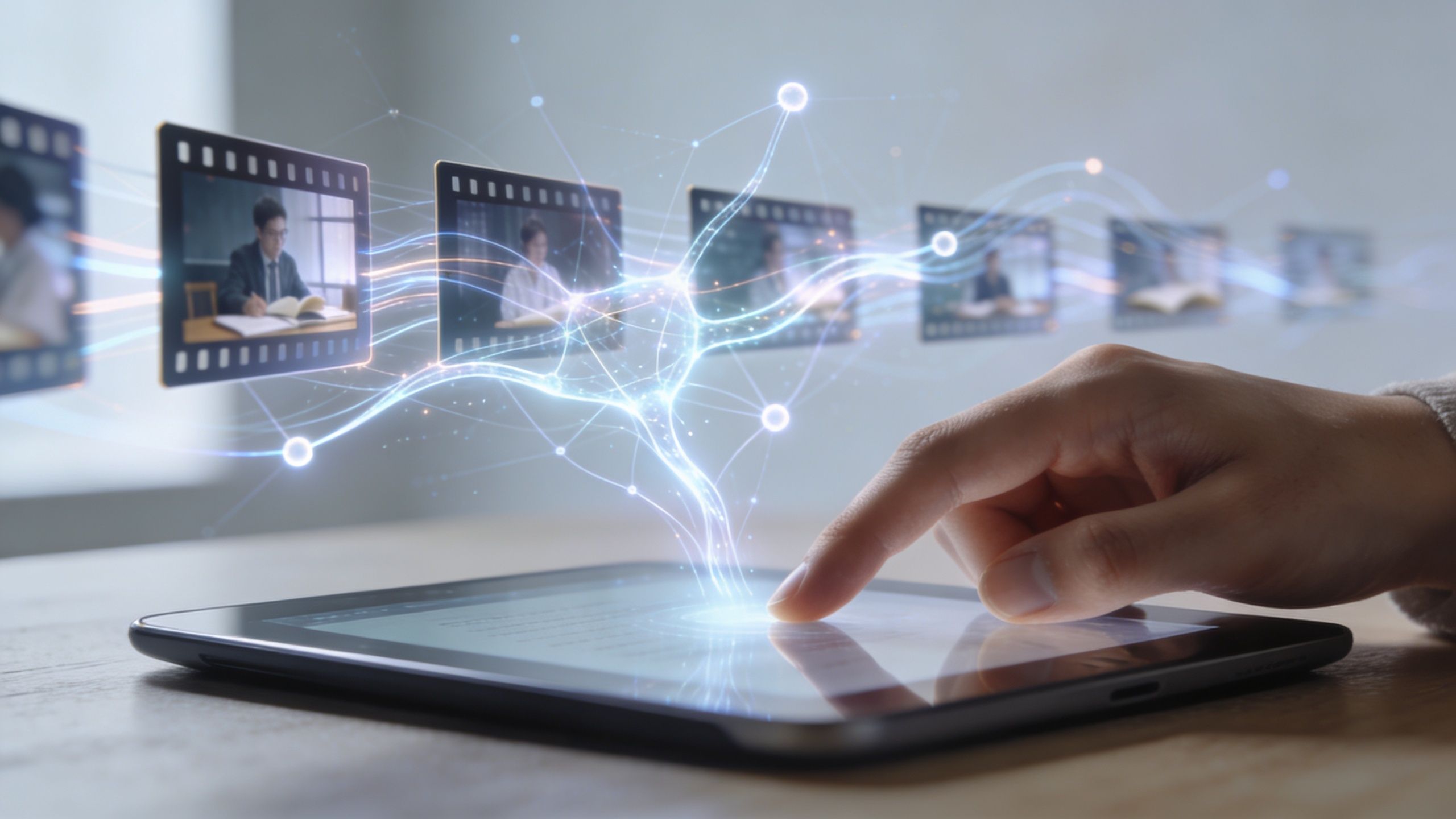 A hand touching a tablet screen with a digital neural network connecting multiple educational video frames.