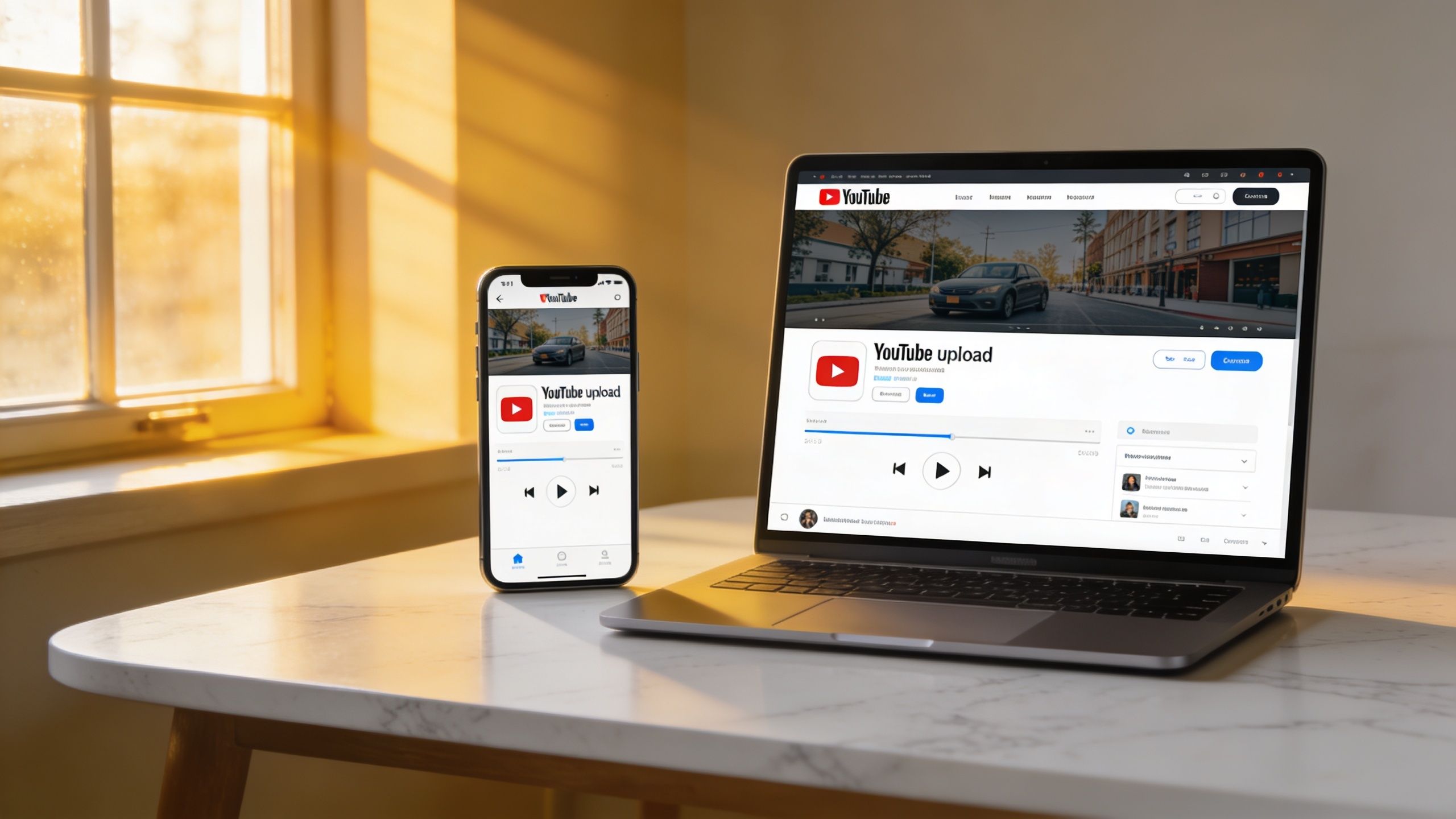A smartphone and a laptop both displaying a YouTube video upload screen on a white marble table.