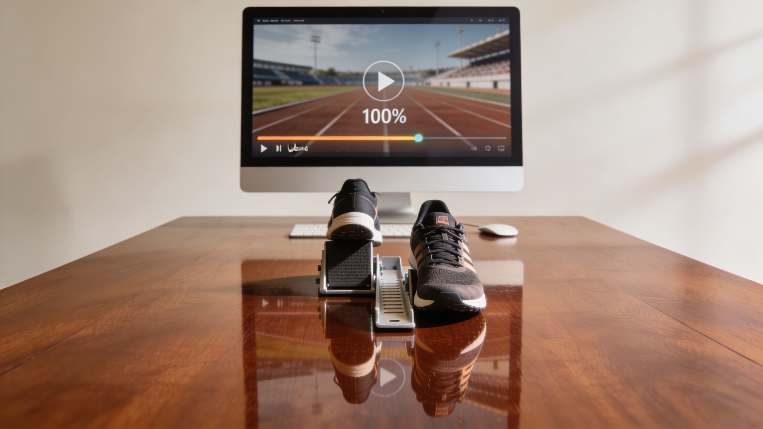 A running shoe sits on starting blocks on a wooden desk in front of a computer monitor.