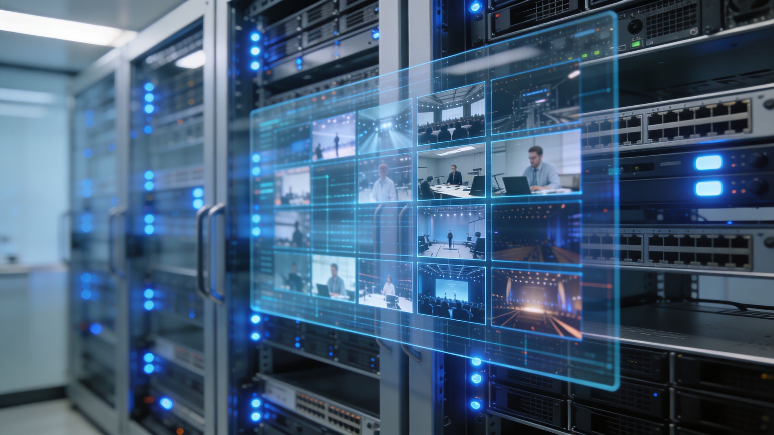 Holographic display showing multiple live video feeds in a modern, dark server room filled with rack servers.