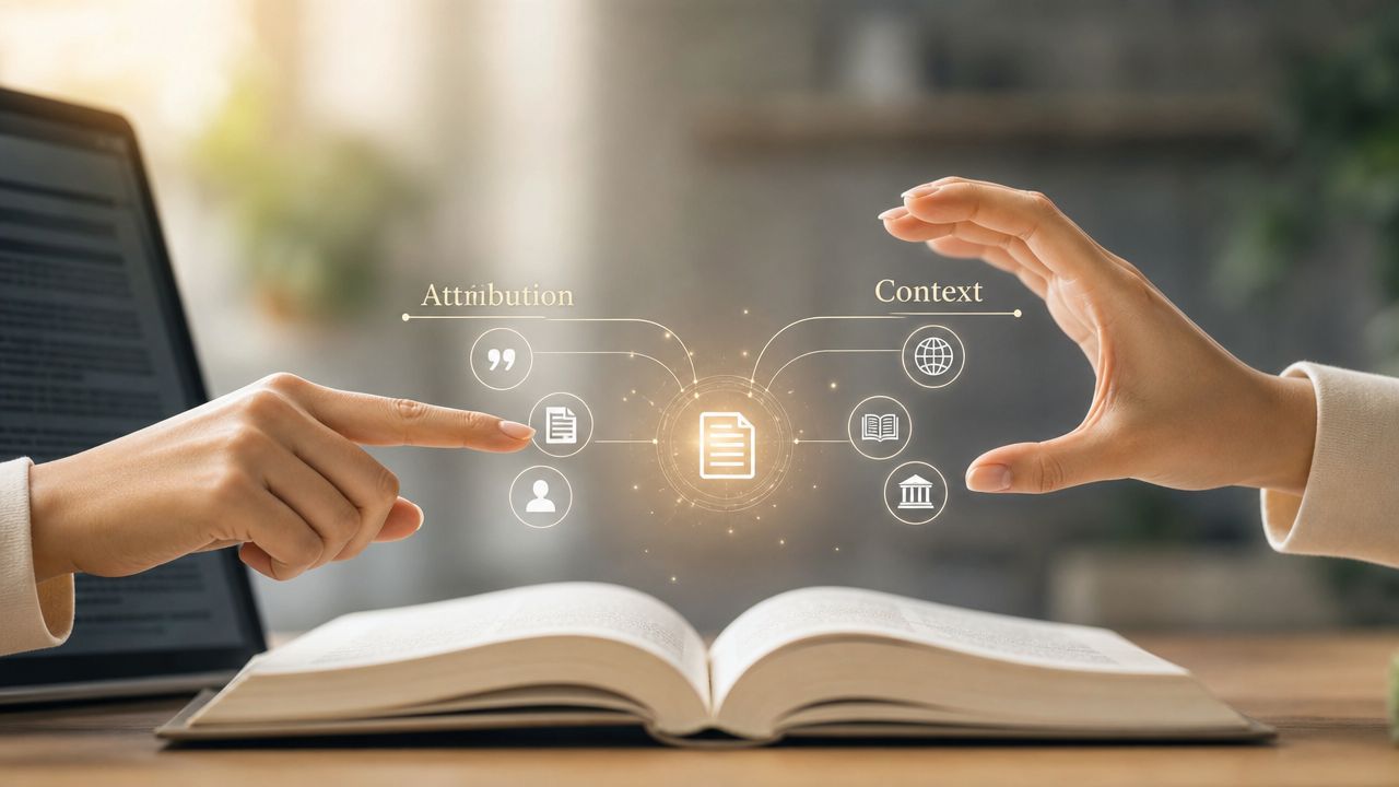 Conceptual image illustrating attribution and context for citations with hands interacting with digital document icons above books.
