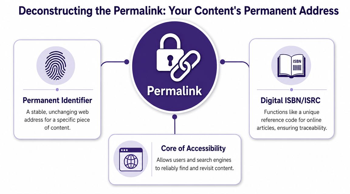 A diagram explaining that a permalink acts as a permanent, traceable web address for digital content.