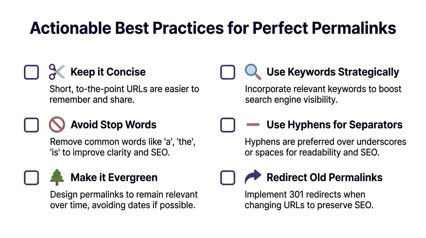 An infographic titled Actionable Best Practices for Perfect Permalinks, listing six key tips for optimizing website URLs.