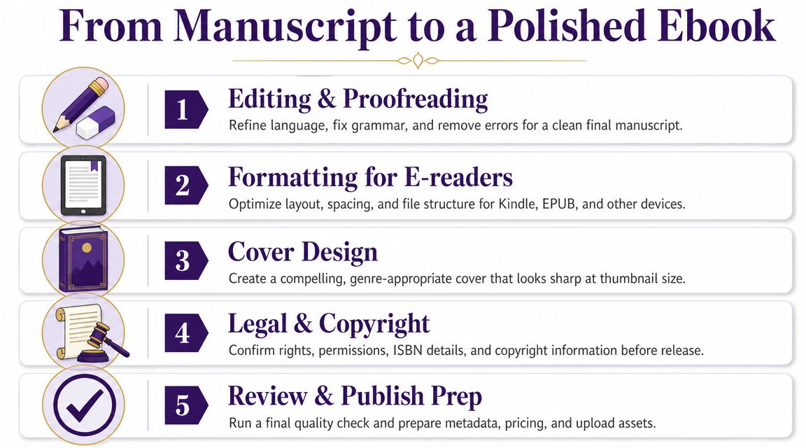 An infographic showing five numbered steps for transforming a manuscript into a polished and ready ebook.