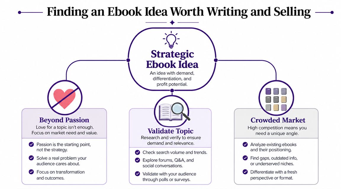 A flowchart showing how to choose a strategic, profitable ebook idea by validating market demand and competition.