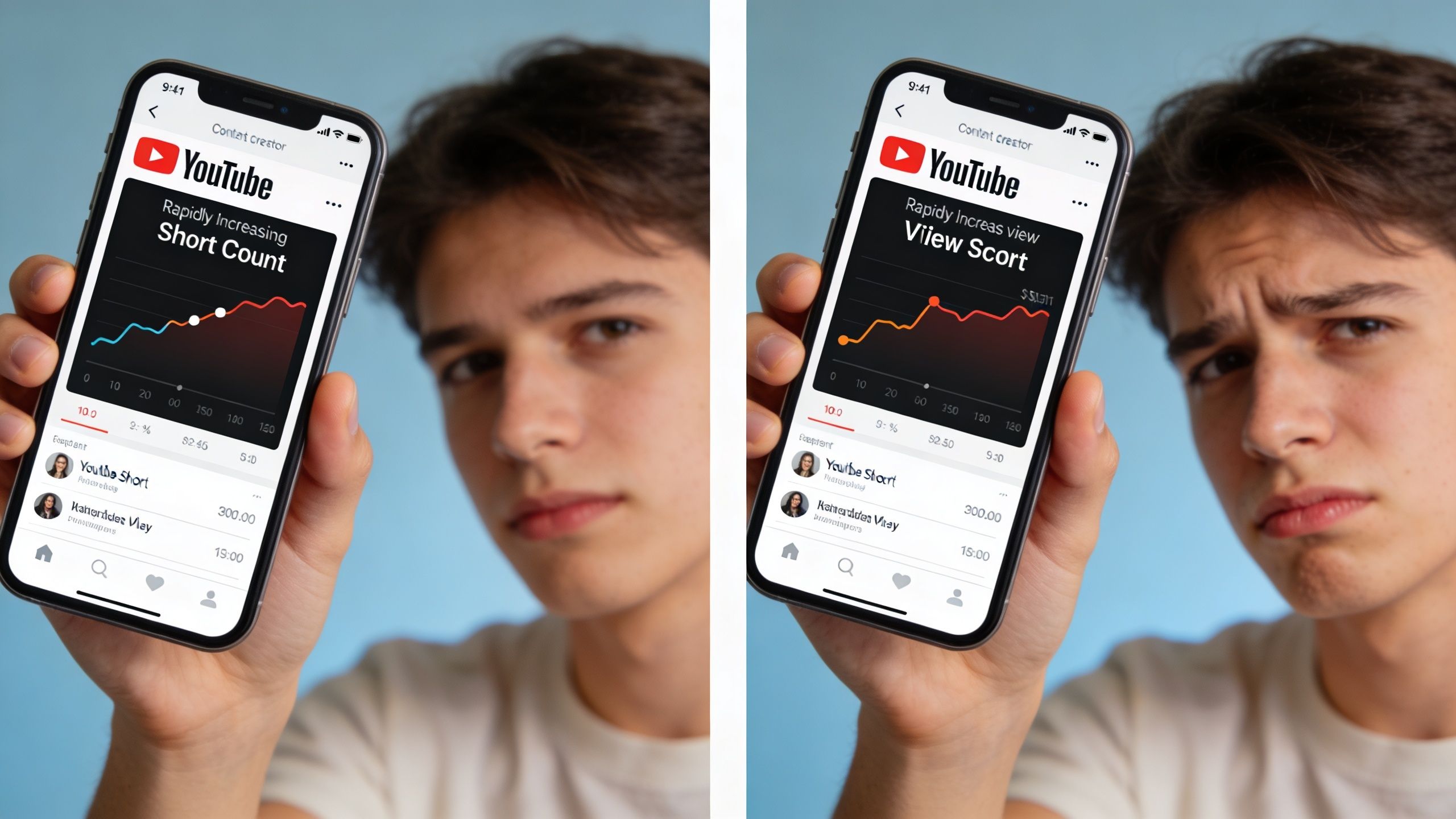 A young man holding a smartphone displaying YouTube shorts analytics and channel engagement data on screen.