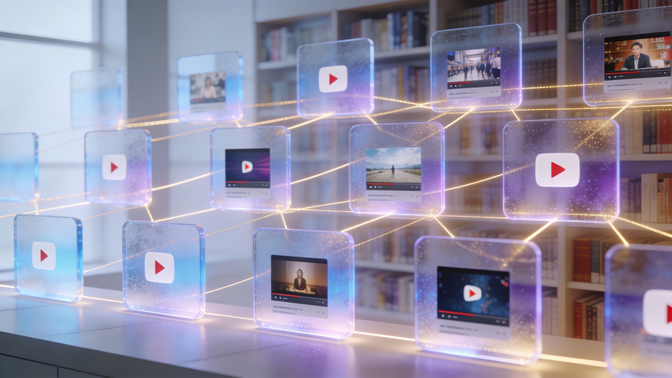 A conceptual digital illustration of interconnected YouTube video thumbnails floating in front of a blurred library background.