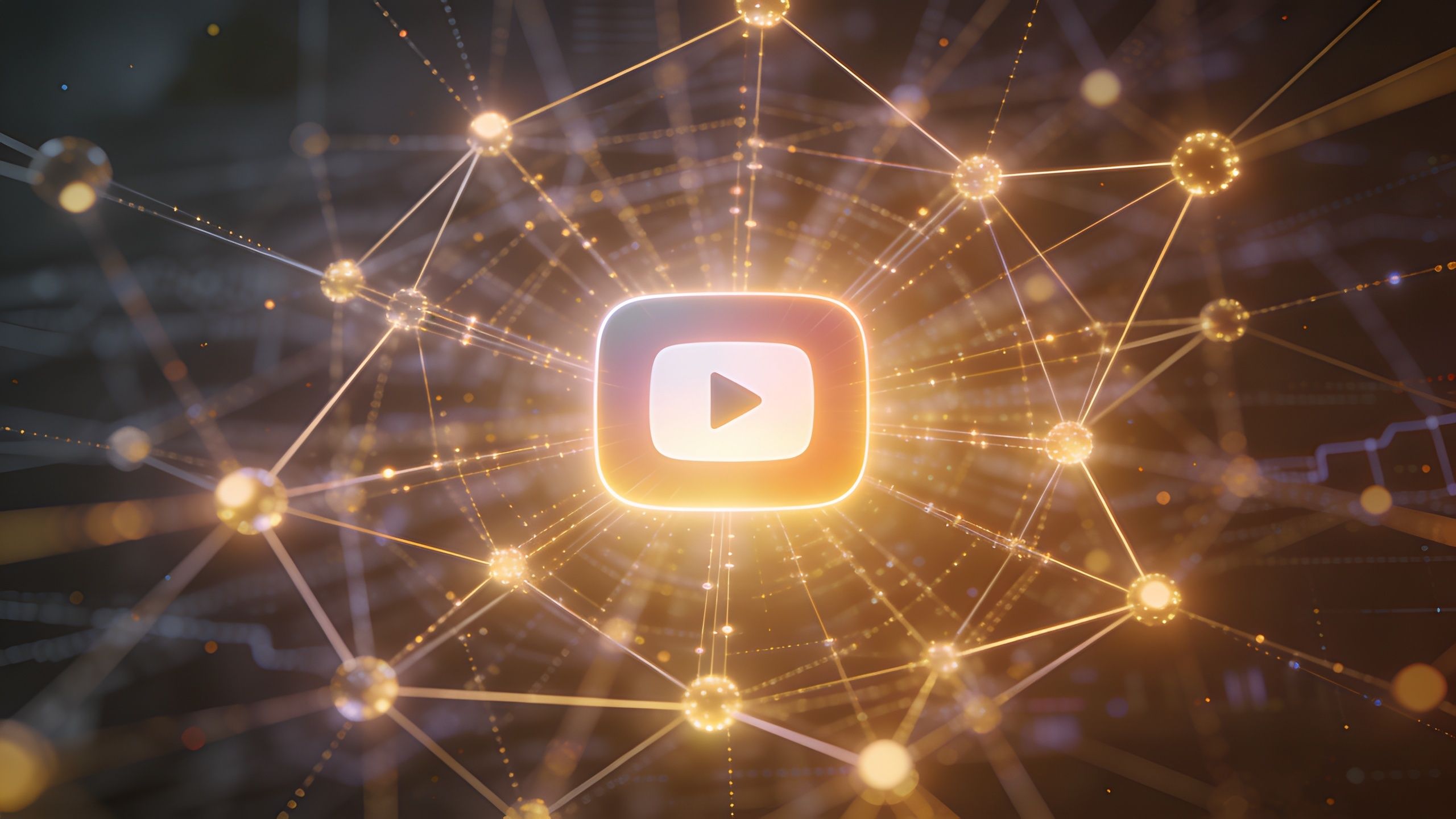 A glowing YouTube logo centerpiece surrounded by a complex interconnected network of light nodes and data lines.