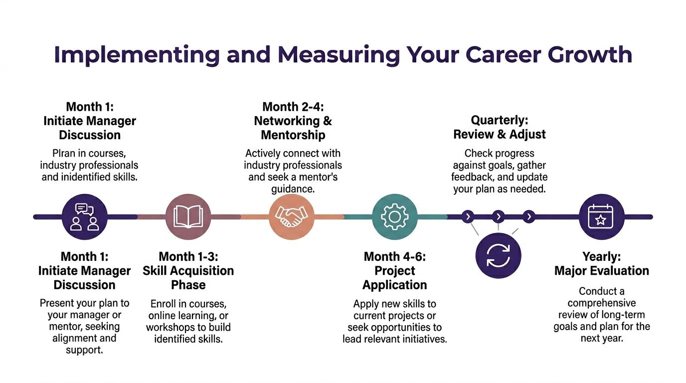 A timeline graphic showing steps for implementing and measuring professional career growth over a one-year period.