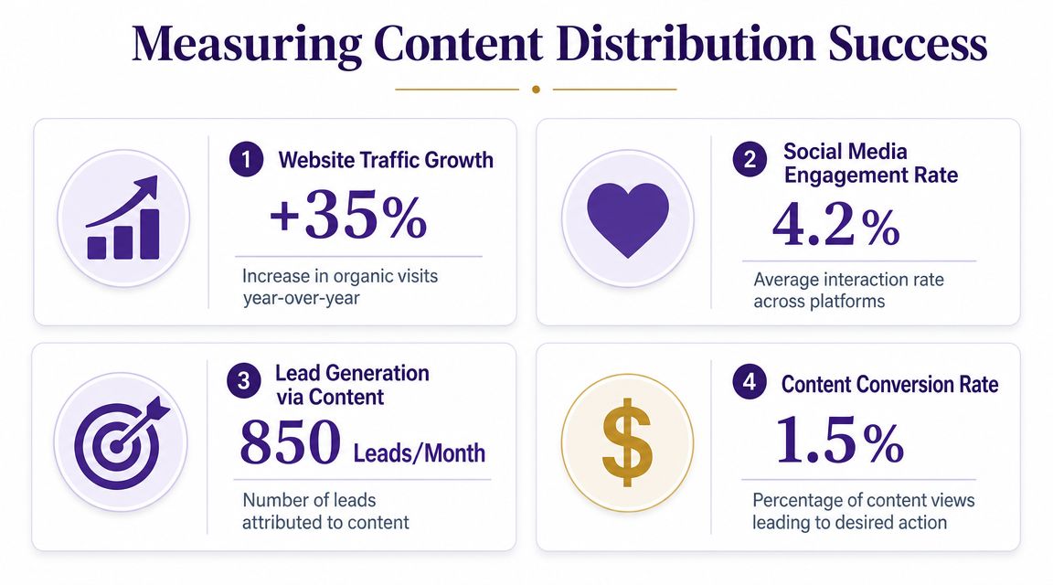 A slide showing four key performance indicators for measuring the success of a content distribution strategy.