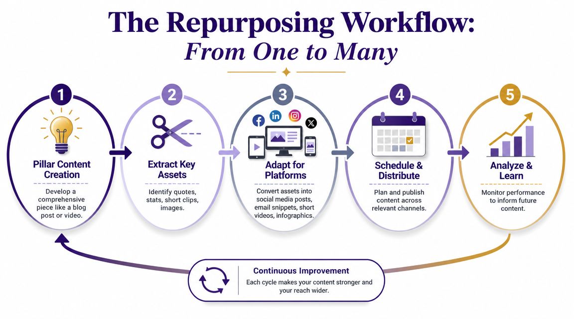 A five-step flowchart illustrating a content repurposing workflow, moving from pillar content creation to performance analysis.