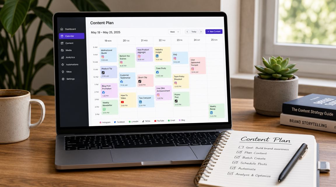 A laptop displaying a digital social media content calendar alongside a notebook with a written strategy.
