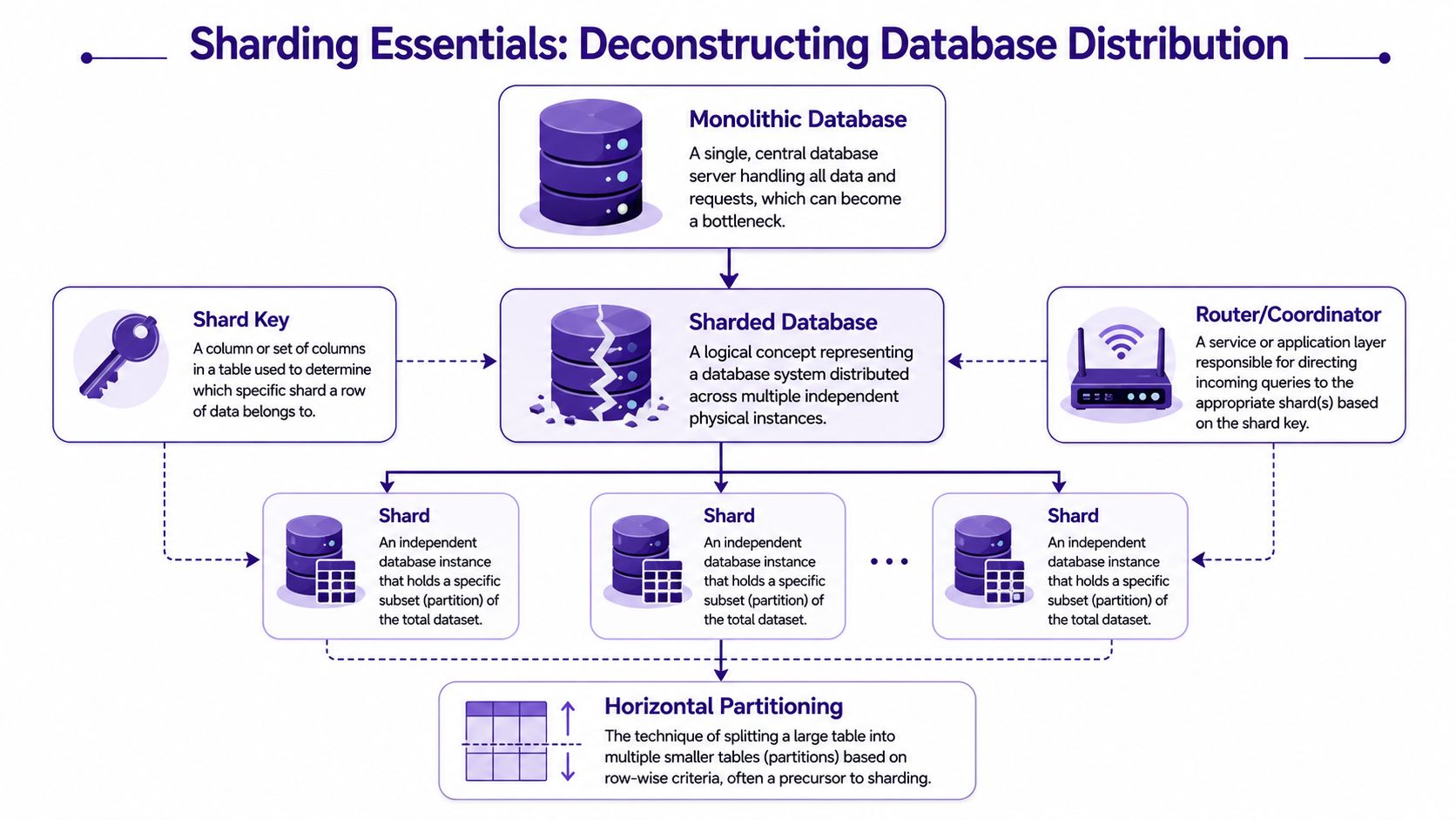 A diagram illustrating database sharding concepts including monolithic databases, shard keys, routers, and horizontal partitioning techniques.