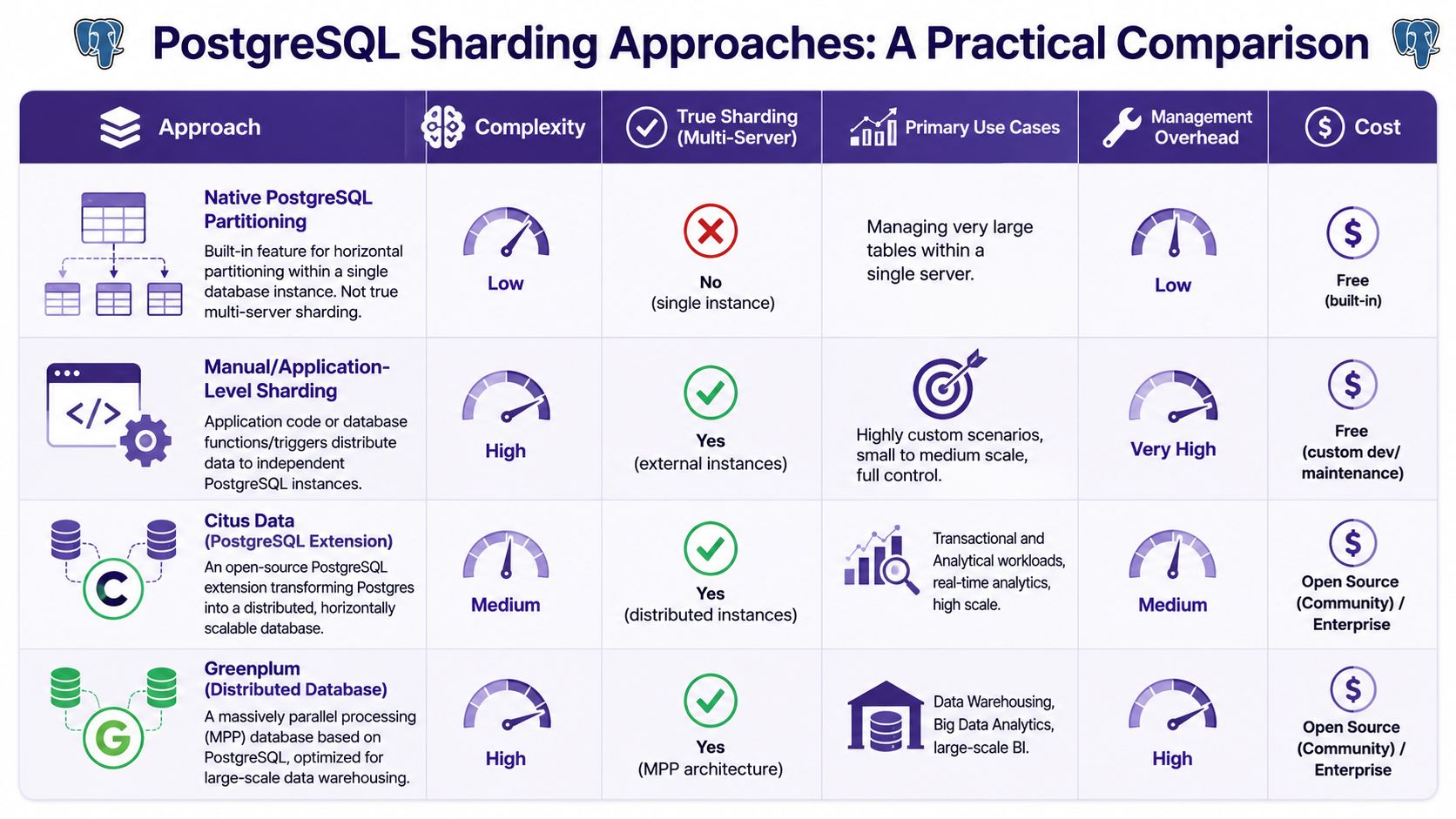 A comparison chart outlining four common approaches for sharding in PostgreSQL databases, including features and use cases.