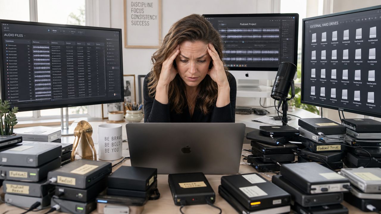 A woman looks stressed while managing numerous external hard drives and audio files at her desk.