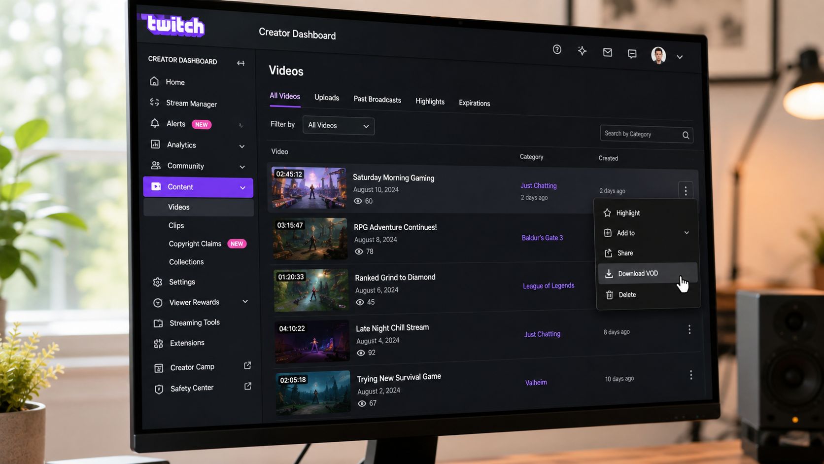 A computer screen showing the Twitch creator dashboard with a menu open to download a video VOD.
