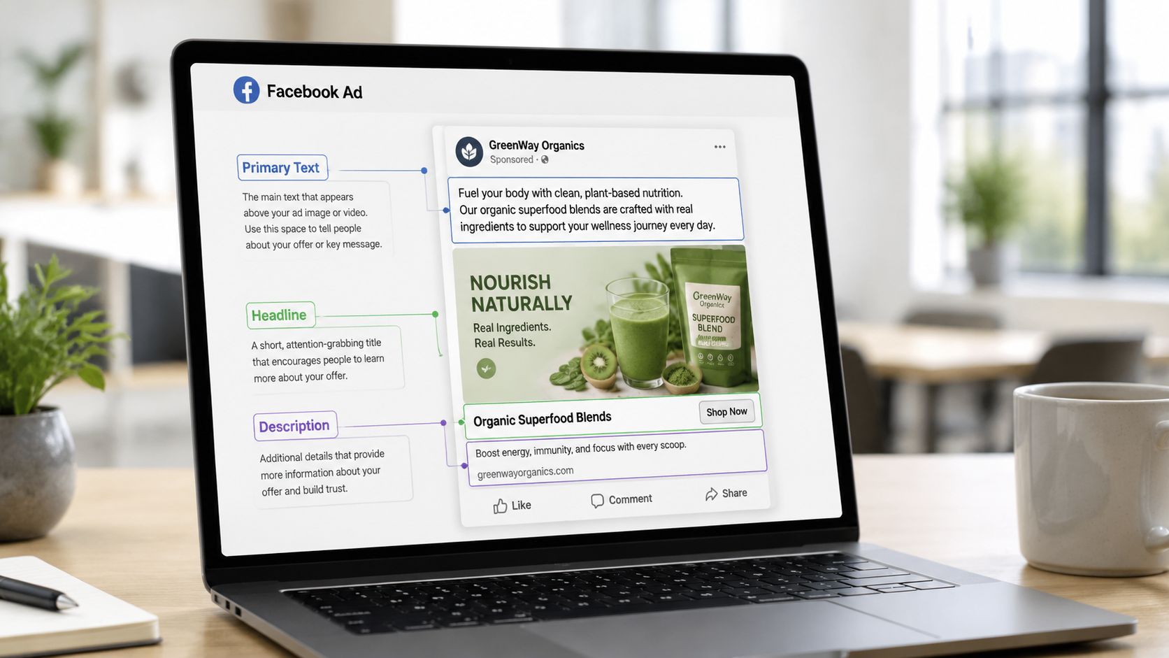 A laptop screen showing a diagram explaining the components of a Facebook ad for organic superfoods.