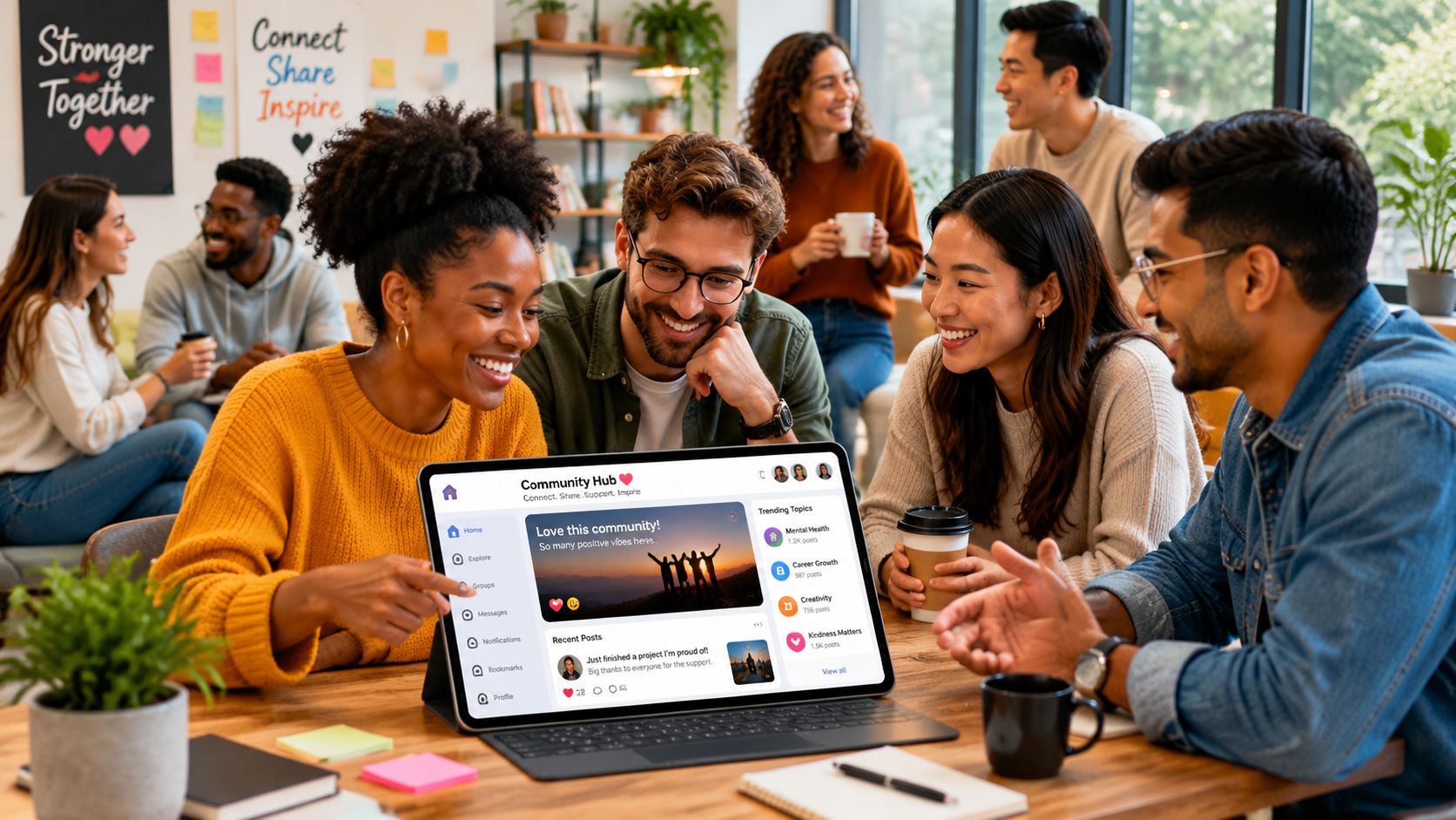 A diverse group of young professionals collaborating around a laptop displaying a community hub social media interface.