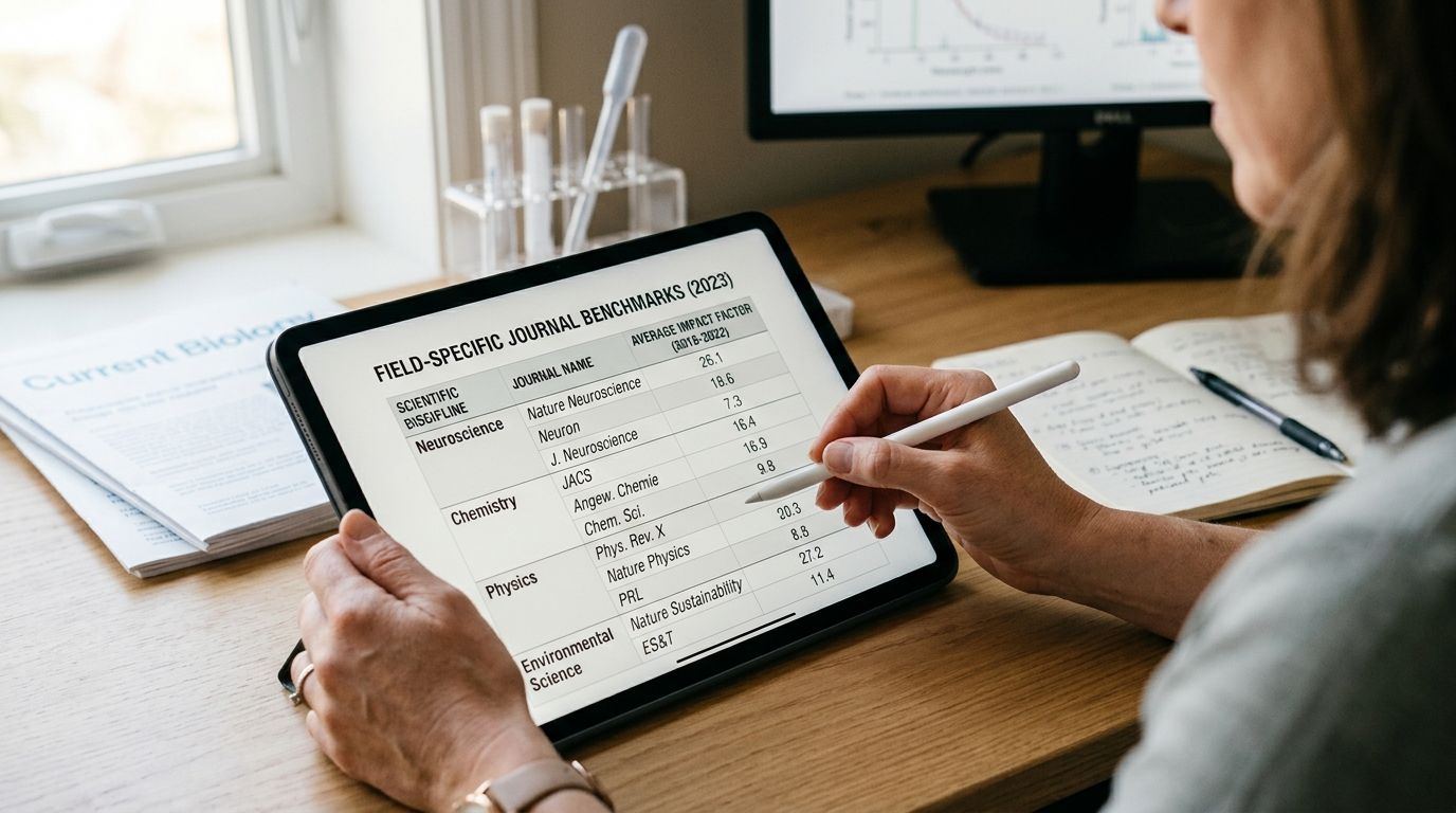 A researcher using a digital tablet to review a table of academic journal impact factor benchmarks.