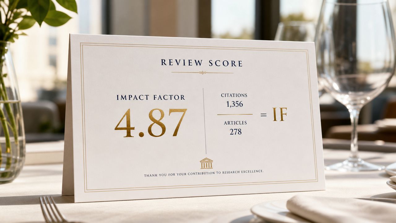 A table sign displays an academic journal impact factor calculation of 4.87, derived from 1,356 citations and 278 articles.