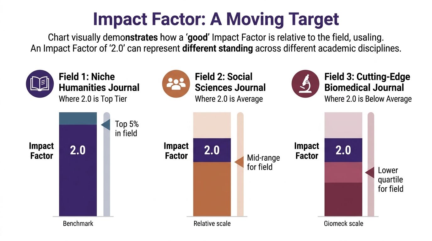 A chart illustrating how a 2.0 impact factor varies in ranking across three different academic fields.