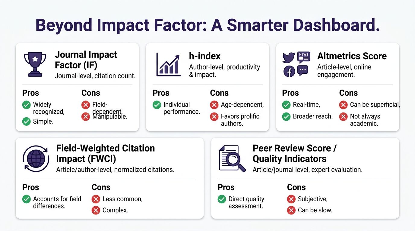 A infographic comparing different academic impact metrics including Journal Impact Factor, h-index, Altmetrics, FWCI, and Peer Review scores.