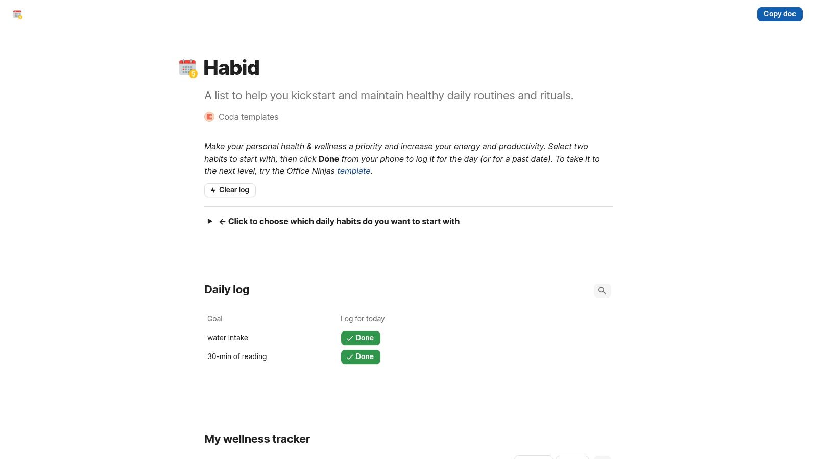 Habit Tracker (Coda doc by Tiger Kim)