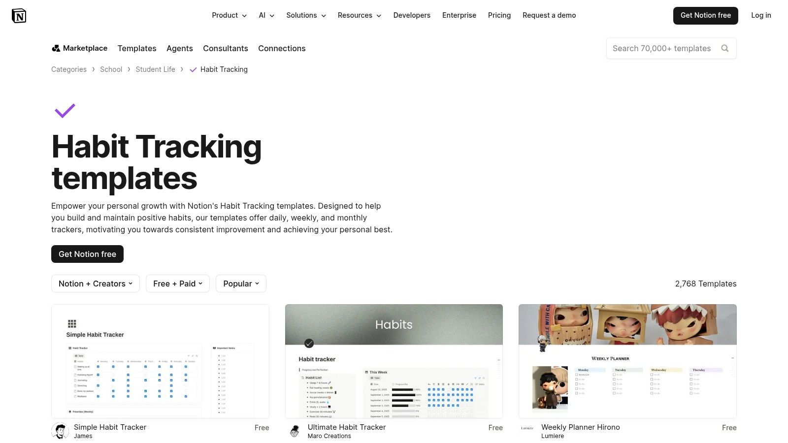 Notion Template Gallery: Habit Tracking Category