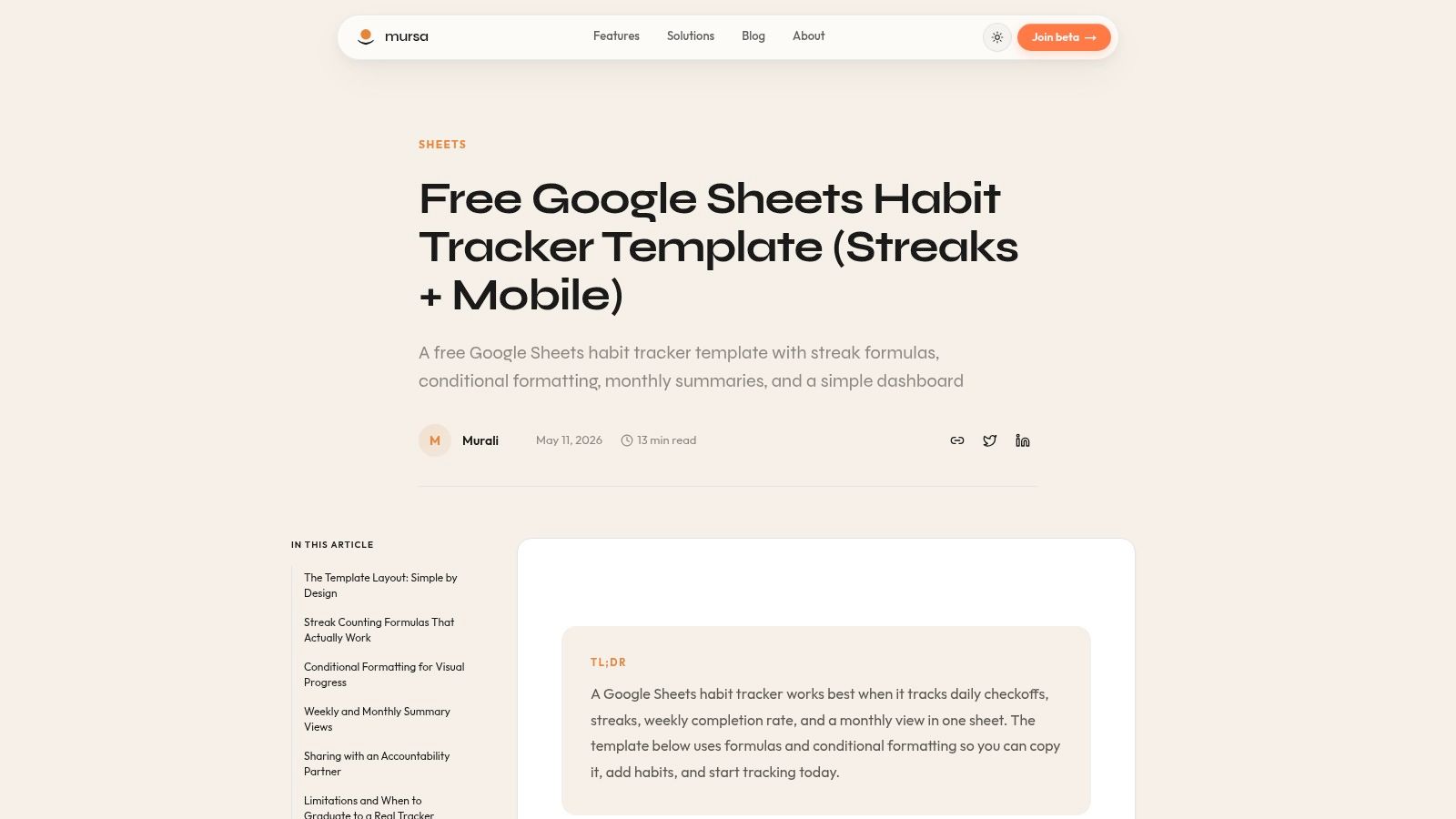 Google Sheets Habit Tracker Template with Streaks (Mursa)