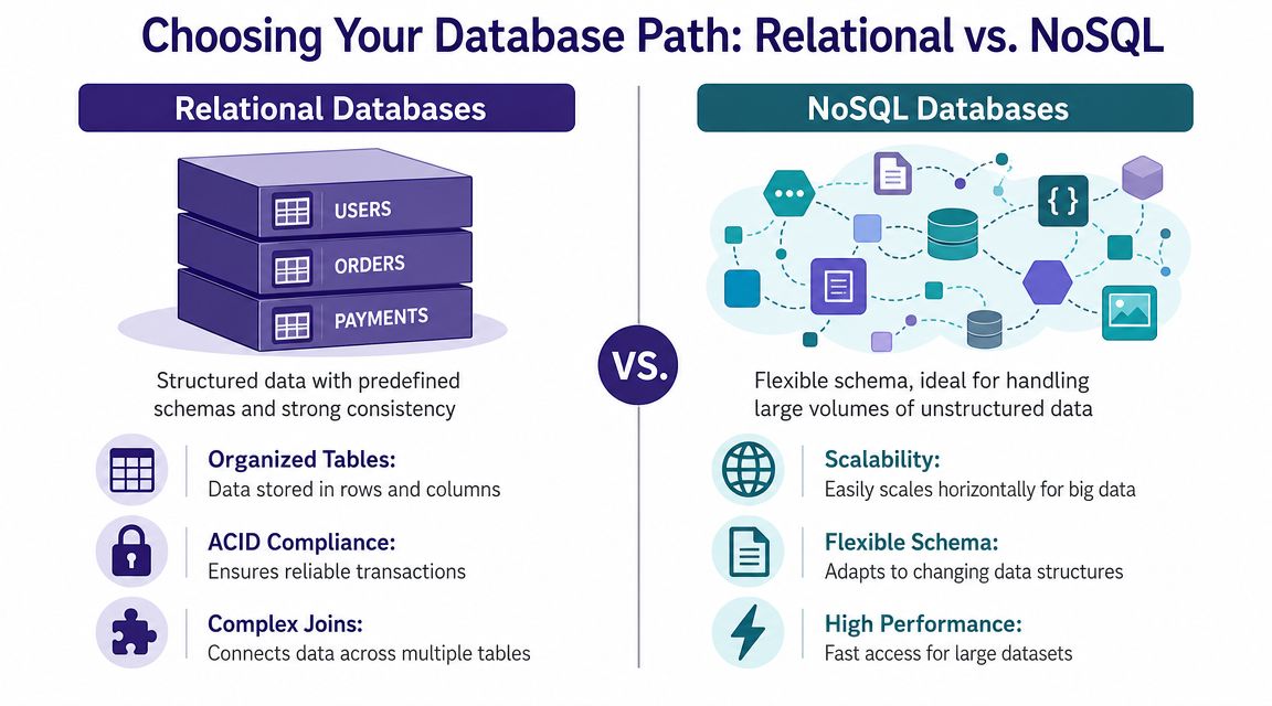 A comparison chart showing the differences between Relational databases and NoSQL database management systems.