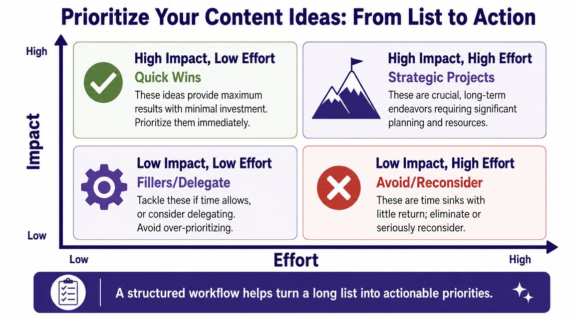 A four-quadrant matrix chart showing how to prioritize content ideas by impact and effort levels.