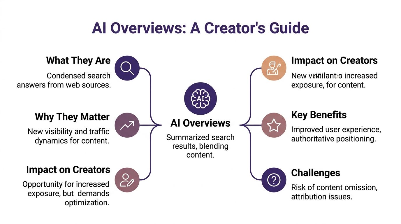 A diagram titled AI Overviews: A Creator's Guide explaining search summaries, their benefits, and impacts for creators.