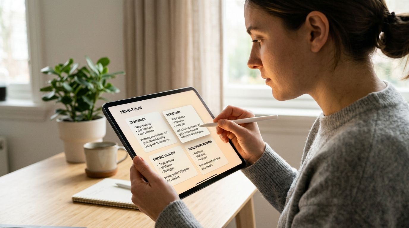 A woman holding a tablet with a project plan displayed while sitting at a wooden desk.