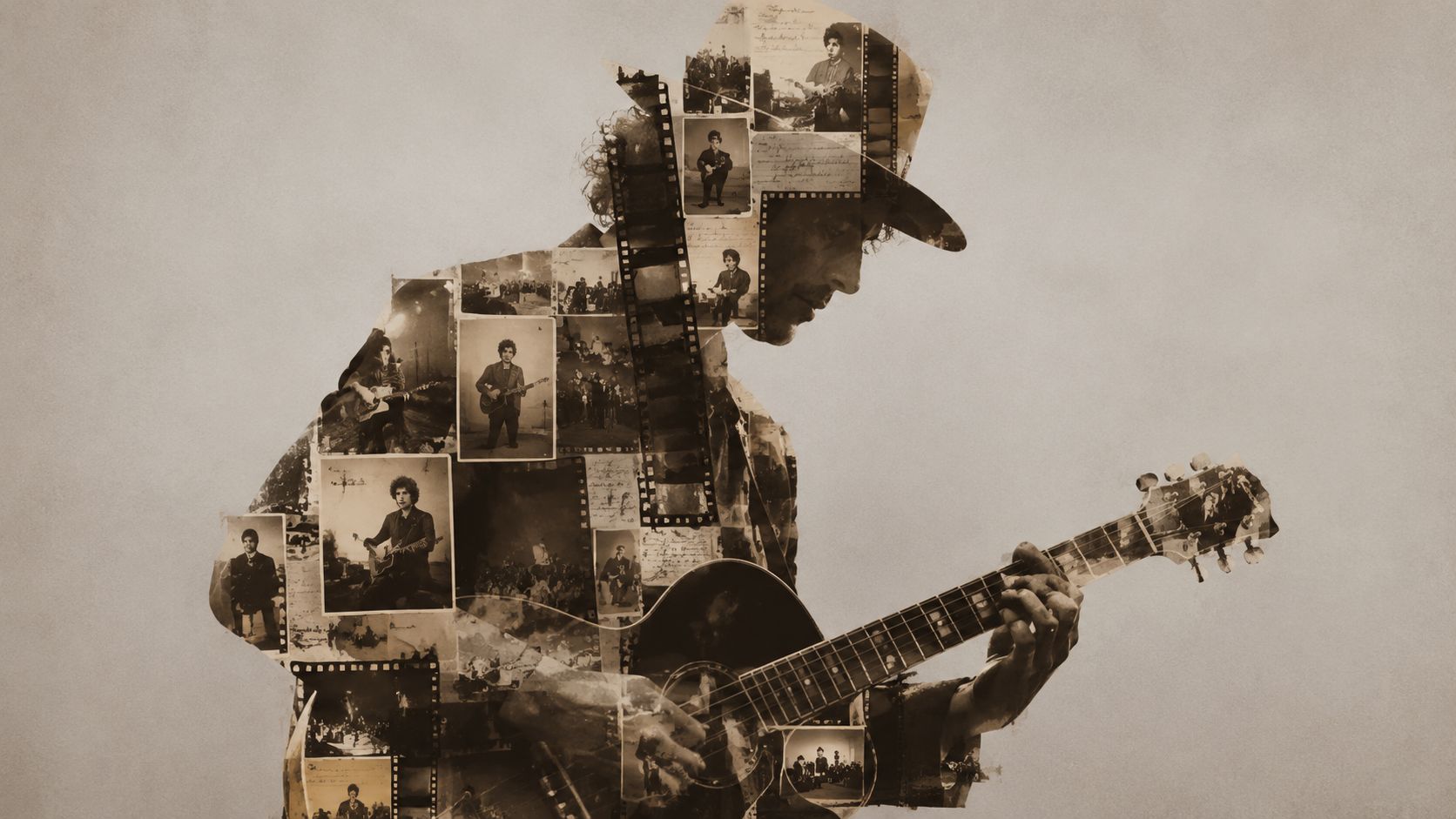 A double exposure image of Bob Dylan playing guitar composed of many smaller vintage musical photo collages.