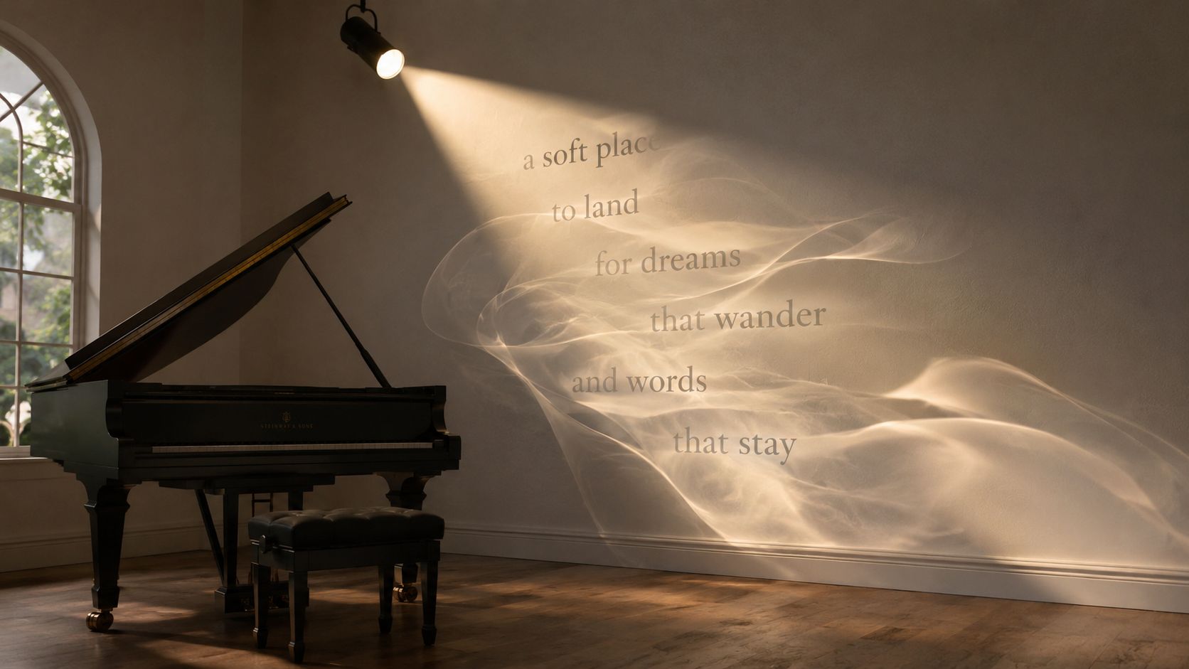 A grand piano sits in a room with light projecting poetic text onto the wall.