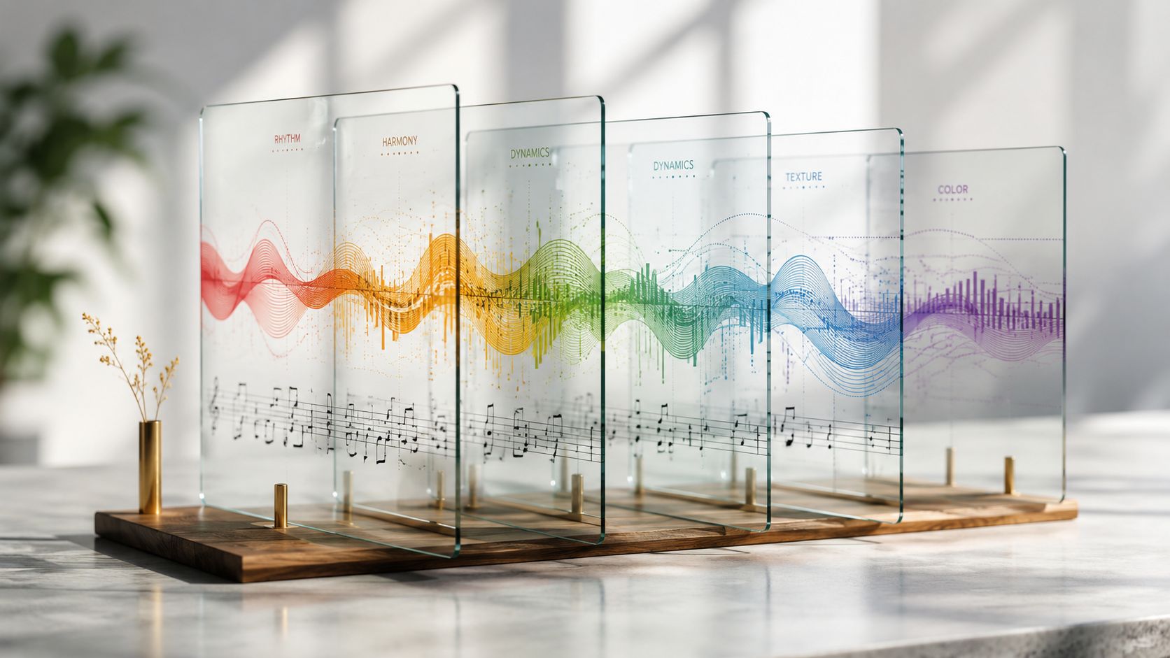 Multiple glass panels displaying colorful sound wave visualizations and musical notation on a wooden base.