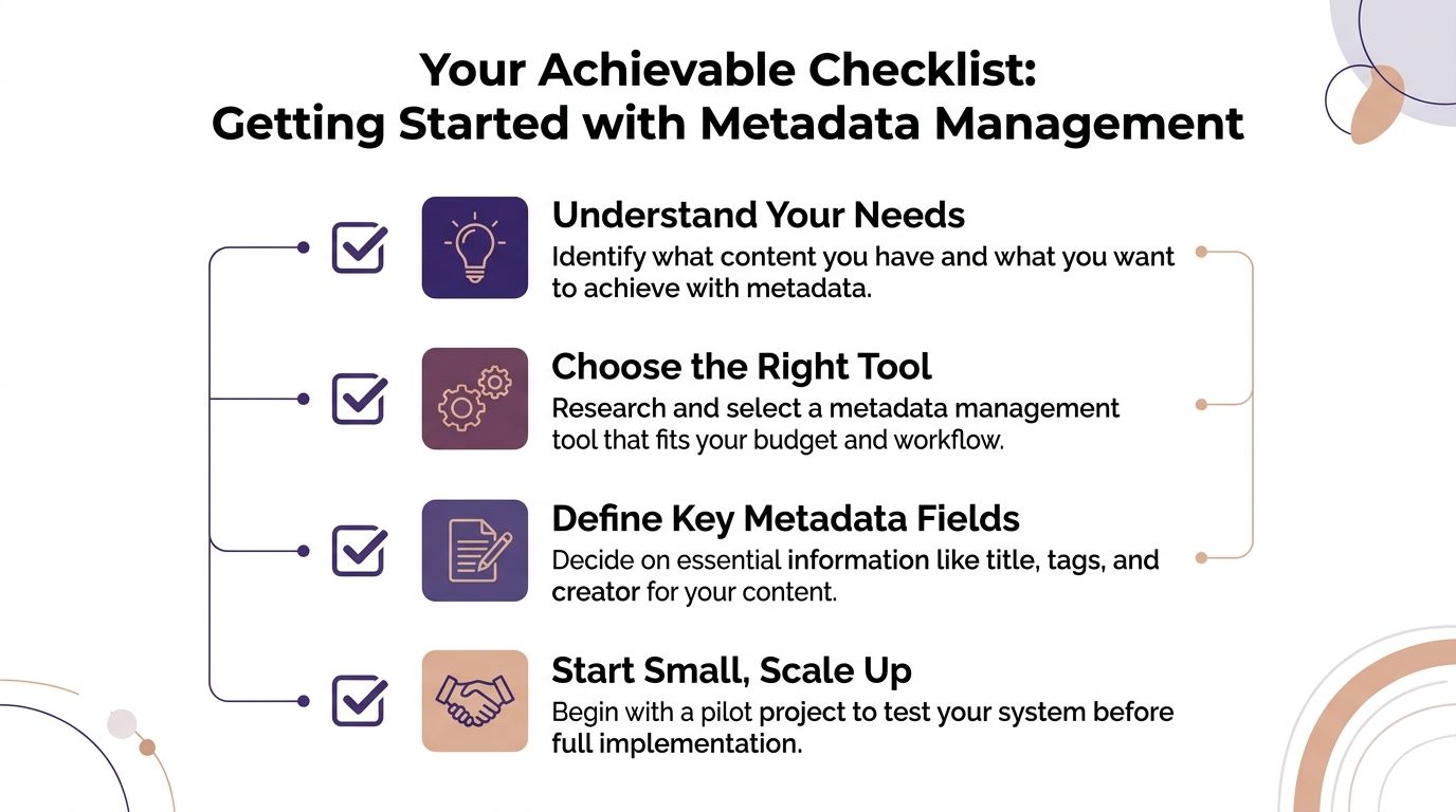 A four-step checklist for starting metadata management, outlining planning, tool selection, field definition, and scaling strategies.