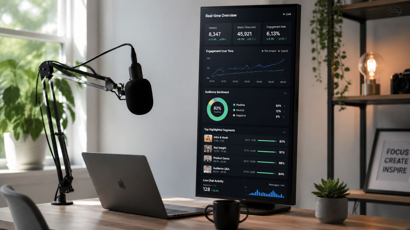 A minimalist podcast studio setup featuring a vertical monitor displaying live engagement analytics on a wooden desk.