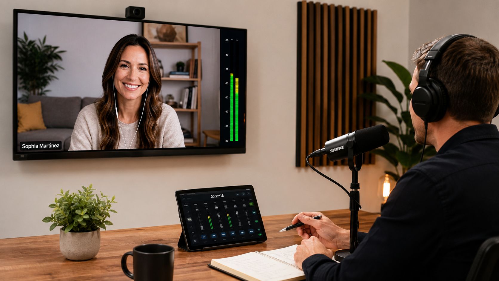 A man in a home studio recording a podcast while video calling with a guest on screen.