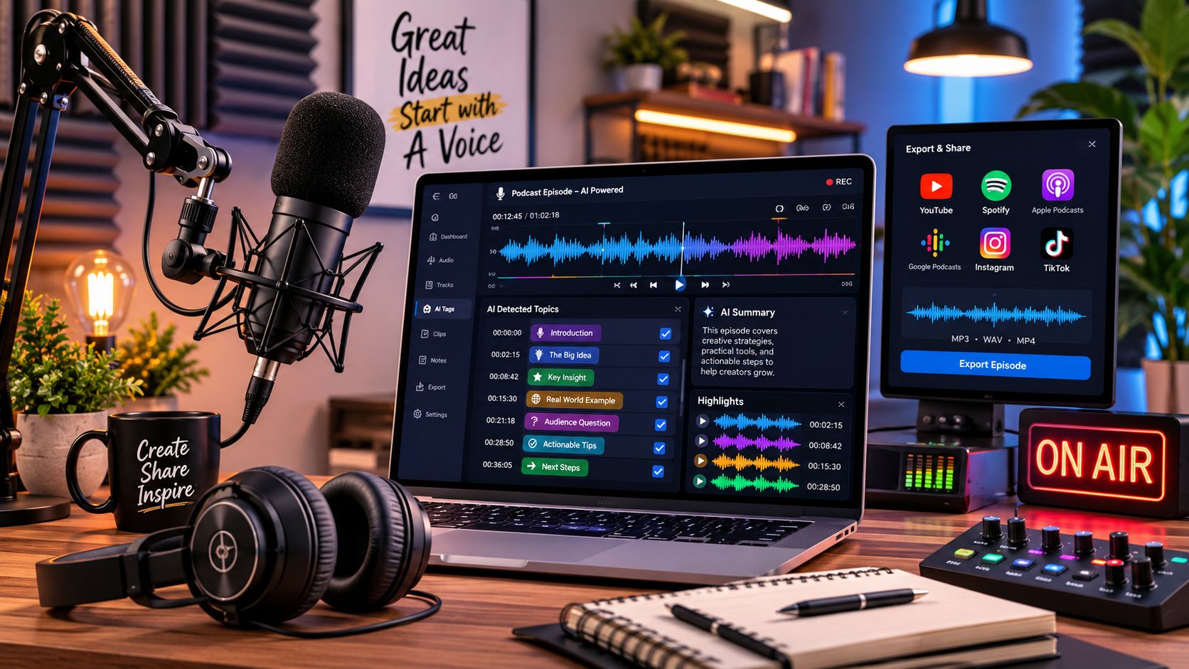 A professional podcast studio setup featuring a microphone, laptop with editing software, headphones, and social media export options.