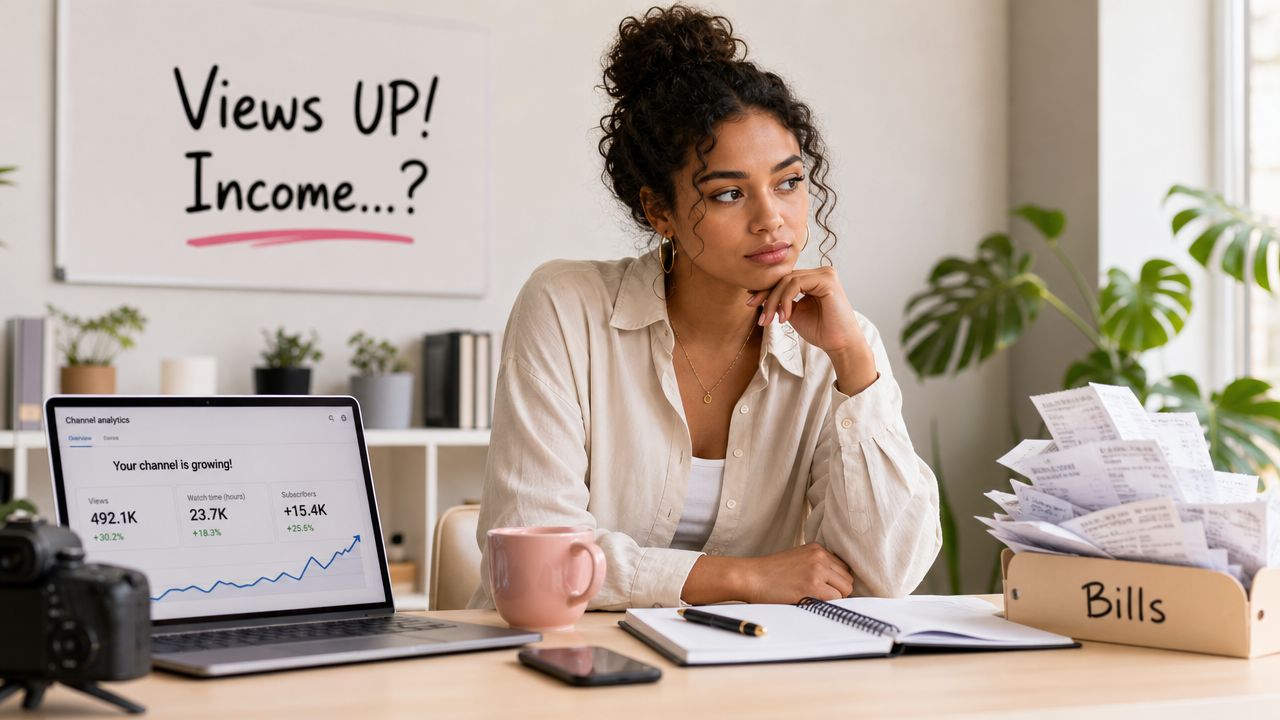 A thoughtful woman sits at a desk with channel analytics and a box labeled bills.